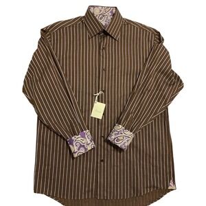 Visconti Roma Sasha Mens Brown Striped Mercerized Cotton Shirt Purple Paisley M